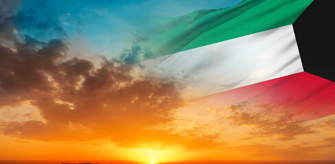 Flag of Kuwait on sunset background. Concept of national Muslim holidays. Liberation Day, National Day. 3d illustration