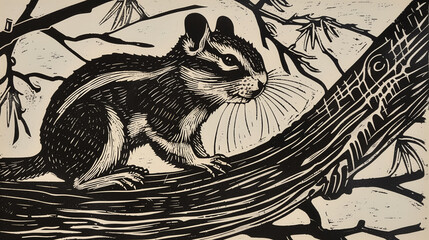 Wall Mural - Chipmunk on a branch in a linocut style.