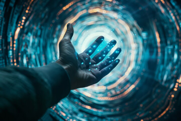 A person 's hand is reaching out towards a blue light