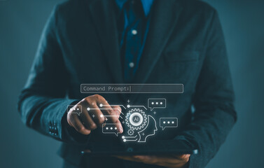 Fototapete - Ai tech, businessman show virtual graphic Global Internet connect Chatbot Chat with AI, Artificial Intelligence. Using command prompt for generates something, Futuristic technology transformation.