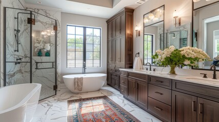 dark brown cabinets, white marble, a waik-in shower, a free standing tub, two mirrors, and flowers decorate this luxurious modern home bathroom.