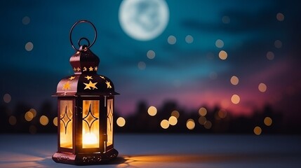 An illuminated colorful ramadan lantern against blue night sky with an crescent moon