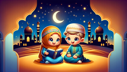 illustration of two cartoon children dressed in traditional clothing for ramadan sitting joyfully an