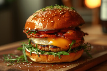 Wall Mural - A close-up photo of a freshly prepared burger consisting of juicy meat, melted cheese, crisp lettuce, all neatly assembled on a wooden cutting board