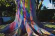 Rainbow eucalyptus tree standing in the garden, close up trunk and bark. Colorful like painting