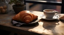 Croissant And A Cup Of Coffee On A Kitchen Counter