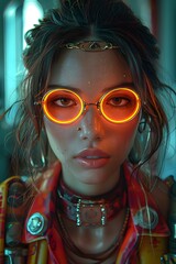 Wall Mural - a close-up portrait of a young woman wearing a yellow cap and matching orange-tinted glasses, giving off a vibrant, contemporary vibe