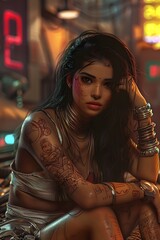 Wall Mural - Stunning asian cyberpunk scifi girl standing on a city street