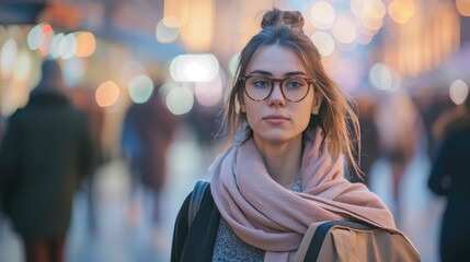 Wall Mural - a business woman with bag wearing glasses with blurred people walking in town city