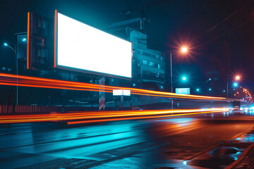 Blank advertisement board on the road in the nighttime. white billboard in the highway. Generative AI image.