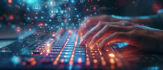 The hands of a data protection officer typing on a futuristic keyboard with holographic data privacy controls floating above, symbolizing the proactive measures taken