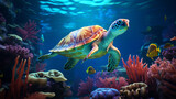 Fototapeta Do akwarium - A vibrant underwater scene featuring a green sea turtle swimming among colorful fish and coral in a tropical reef habitat