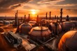 A panoramic shot of a sunset over an oil storage facility, with the fading light casting warm tones on the cylindrical tanks and industrial structures.