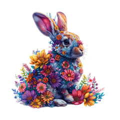 Wall Mural - Rabbit made of flowers water painting vintage vivid colors