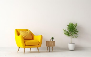 Wall Mural - Scandinavian indoor design. Warm toned living room interior wall mockup with a yellow armchair and a background of a white wall, green plants. AI Generative.