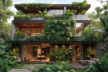 Sticker - A residence adorned with lush greenery, incorporating a rooftop garden and vertical planters to enhance biodiversity and improve air quality. Concept of urban green spaces. Generative Ai.