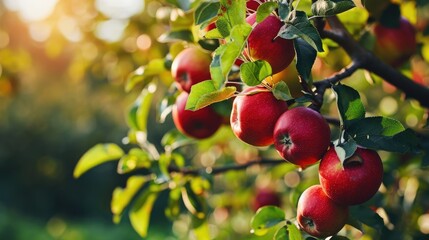 Wall Mural - Fresh organic red apples ripe growing on branches with green leaves in sunny fruiting garden