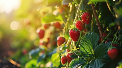 Wall Mural - fresh organic Ripe strawberries growing on branches with green leaves in garden