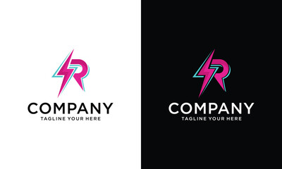 Wall Mural - Initial Letter R Electric Logo. letter R overlap with the thunderbolt icon on a black and white background.