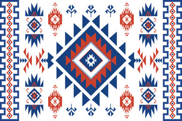 Wall Mural - Ethnic fabric pattern, white, blue, orange, geometric shapes for textiles and clothing, blankets, rugs, blankets, vector illustration.