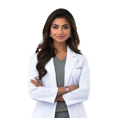 Wall Mural - Front view mid body shot of an extremely beautiful Indian female model dressed as a Doctor smiling with arms folded, isolated on a white transparent  background