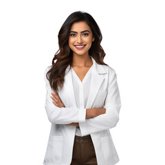 Wall Mural - Front view mid body shot of an extremely beautiful Indian female model dressed as a Scientist smiling with arms folded, isolated on a white transparent  background