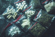 Assorted Pills and Drugs in Sealed Bags Ready to Sell on the Streets. Multiple bags of various drugs displayed, depicting drug varieties for sale or substance abuse issues.