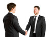 © Who is Danny - Two businessmen in suits shaking hands, isolated on a white background. Partnership concept