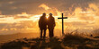Silhouette of senior couple on high hill with cross during sunrise or sunset. Regretting sins, missing people who passed away, deeply religious person, praying, thinking about soul and meaning of life