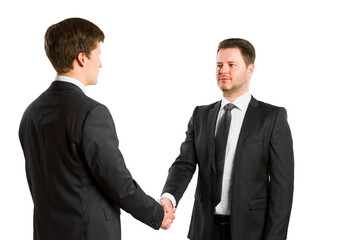 Canvas Print - Two businessmen in suits shaking hands, isolated on a white background. Partnership concept