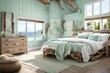 A beach-inspired bedroom with seafoam green accents, driftwood furniture, and a panoramic window offering a view of an imaginary shoreline
