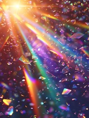 Wall Mural - Glistening crystal emits rainbow reflections, with streaks of light and transparent confetti adding a colorful overlay.