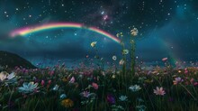 Beneath The Starry Expanse Of The Night Sky, A Secluded Meadow Blooms With A Riot Of Wildflowers, Their Petals Aglow With Bioluminescent Hues.