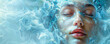 Surreal portrait of a serene woman's face merging with dynamic water elements, symbolizing tranquility, fluidity of emotions, and the ethereal nature of the subconscious