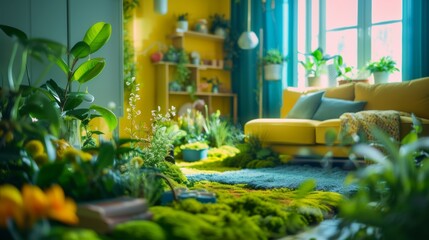 Wall Mural - Comfortable vivid minimalist interior overgrown with grass and flowers. Sunlight from the window. Green lifestyle. A harmonious room with grass, flowers and plants inside.