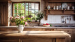 Natural Wood Furniture Kitchen With Abundant Windows. Interior of a modern kitchen made of solid wood.