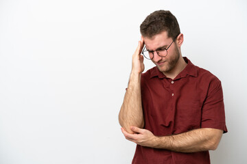 Wall Mural - Young caucasian man isolated on white background with headache