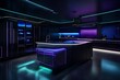 A futuristic kitchen with holographic displays, LED lighting, and sleek black surfaces. A cutting-edge culinary haven for the tech-savvy homeowner
