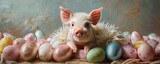 Fototapeta  - Playful pig in a fluffy Easter outfit surrounded by glossy multicolored eggs on a gentle pastel canvas