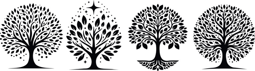 Wall Mural - artistic tree silhouettes, perfect for logos, tattoos, decorations. intricate designs, monochrome be