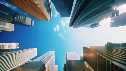 Poster - urban corporate skyscrapers shot from below towards a blue sky, business inner city