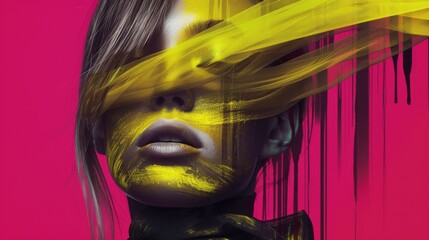 Wall Mural - Edgy and modern layout of high end fashion shoot in combination with elements of modern graphic design. Graphic strokes of paint on the model's face. Bright neon colors