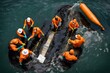 A top-down view of an oil spill response team deploying booms and absorbents to contain and clean up a spill in open water.