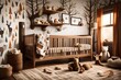A cozy woodland cabin baby nursery with rustic wooden furniture, forest animal prints, and warm, earthy tones. A snug retreat for a little one