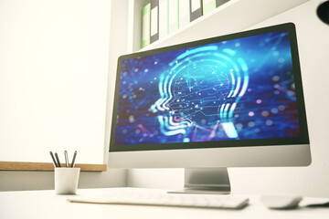 Wall Mural - creative artificial intelligence concept with human head sketch on modern computer monitor. 3d rende