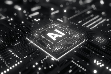 Top down view of circuit board with main controlling CPU chip. A Text 