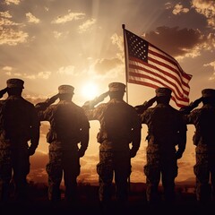 Wall Mural - Silhouettes of soldiers saluting on background of sunset