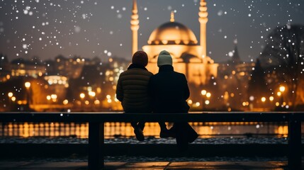 Wall Mural - Muslim couple sitting on a bench. Background with out of focus islamic mosque lights