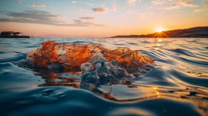 Wall Mural - Sustainable and conservation fishing, Fishing net in the sea at sunset.