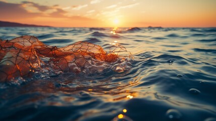 Wall Mural - Sustainable and conservation fishing, Fishing net in the sea at sunset.